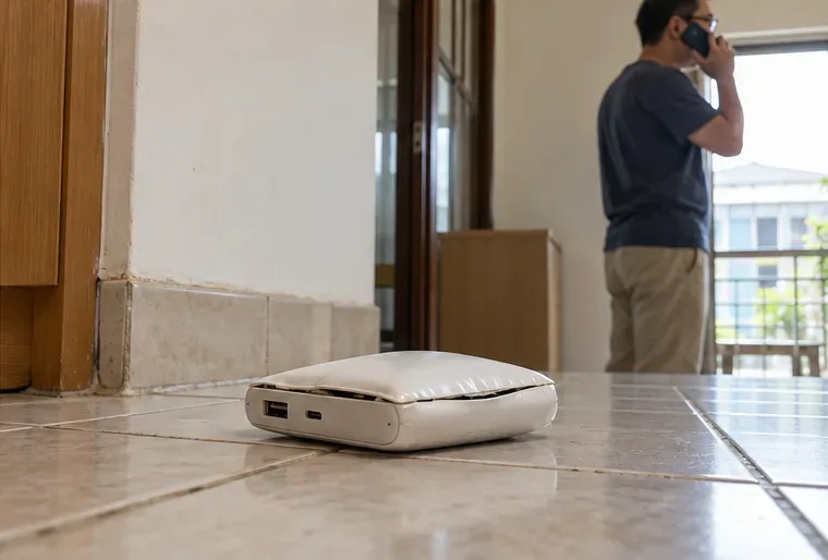 地磚上的白色行動電源外殼已膨脹裂開，後方的人正打電話詢問處理方式