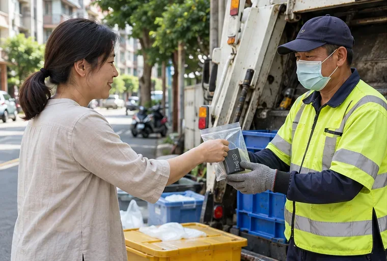 居民將單獨裝袋的電池交給穿反光制服的資源回收人員，旁邊停著回收車