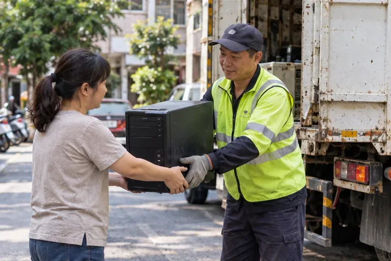 住戶將桌上型電腦主機交給穿反光背心的資源回收人員