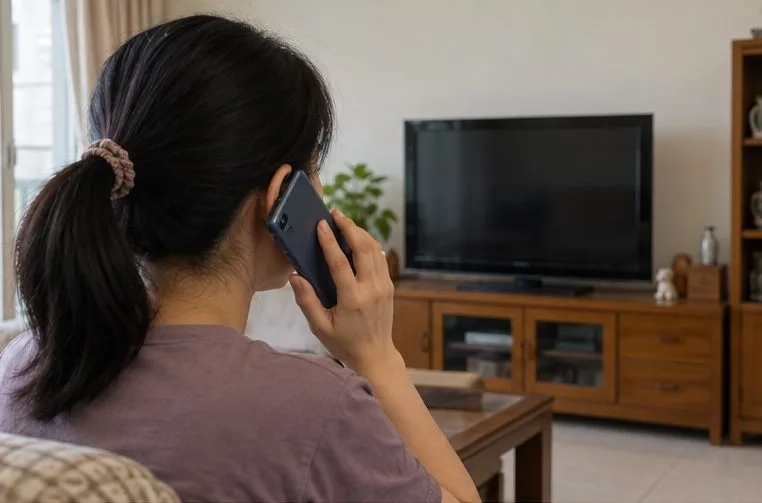 居民在家中拿手機打電話，背景可見一台電視。