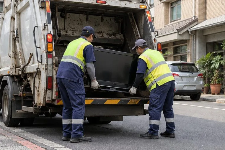 兩名穿工作服的人員將完整電視搬入未標示品牌的清運車。