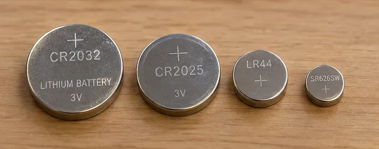 木の机に並べたCR2032、CR2025、LR44、SR626SWなど複数の円形電池