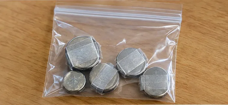 端子をテープで覆った複数の円形電池を透明な小袋にまとめている様子