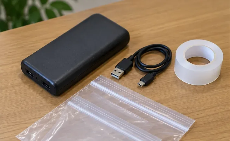 黒いモバイルバッテリーとUSBケーブル、透明な袋、テープを木製の机に並べた状態