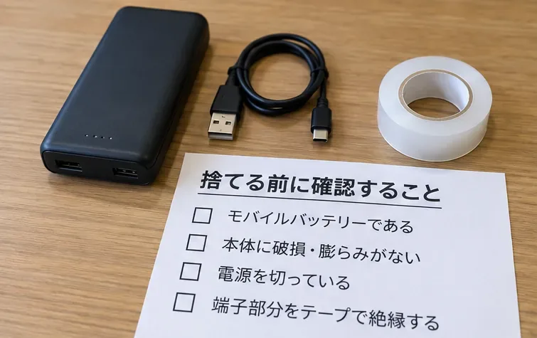 モバイルバッテリーと透明袋、USBケーブル、テープを机上で確認している場面
