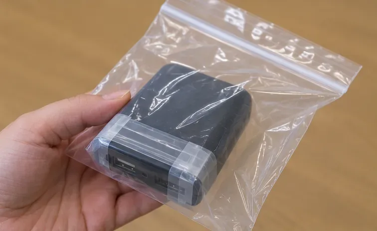 黒いモバイルバッテリーを透明な袋に入れて手に持っている様子