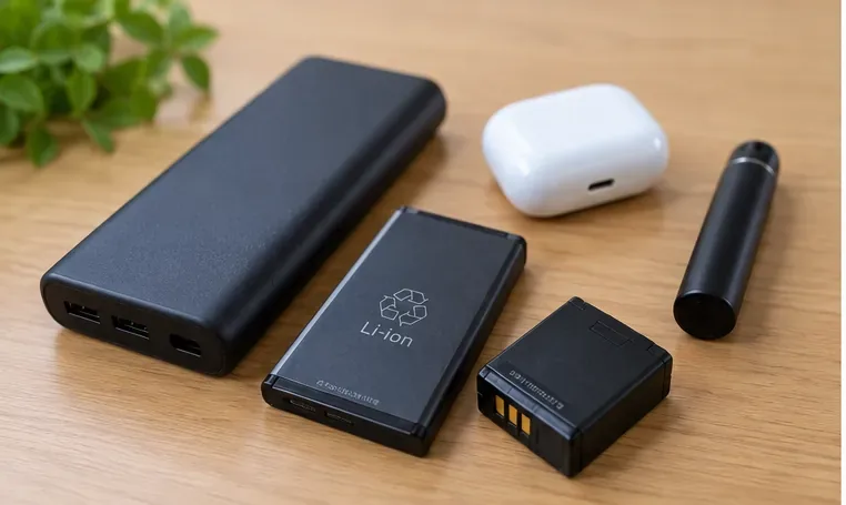 木製の机にモバイルバッテリー、ワイヤレスイヤホン、Li-ion表示の着脱式バッテリーなどを並べた様子