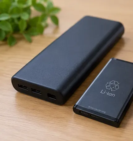 黒いモバイルバッテリーとLi-ion表示の着脱式バッテリーを近くから見た様子