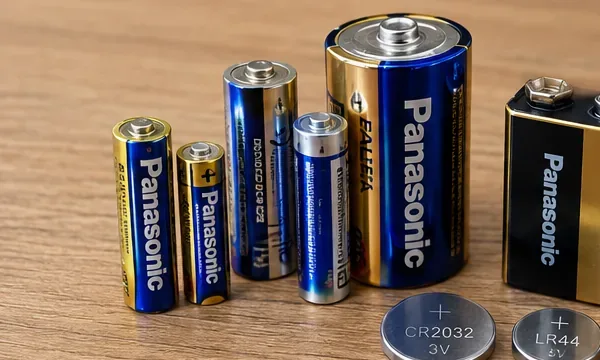 木製の台に並べた単形乾電池と9V形電池