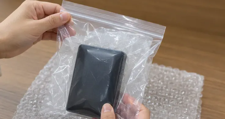 透明なビニール袋に入れたモバイルバッテリーを手で持ち、持ち出す前に状態を確認している様子