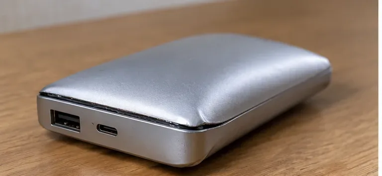 外装が中央から膨らみ、ケースの合わせ目が開きかけた銀色のモバイルバッテリー