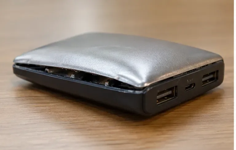 大きく膨らんで上面と下面のケースが離れた黒と銀色のモバイルバッテリー