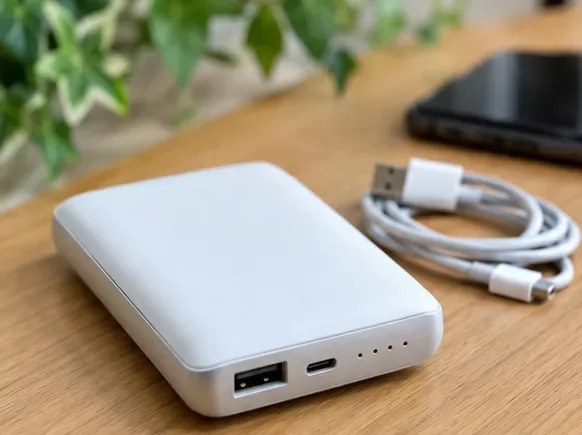 机上の白いモバイルバッテリーと充電ケーブル