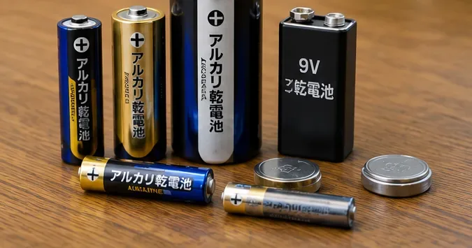 複数サイズの乾電池と丸いコイン形の電池が机上に並んでいる様子