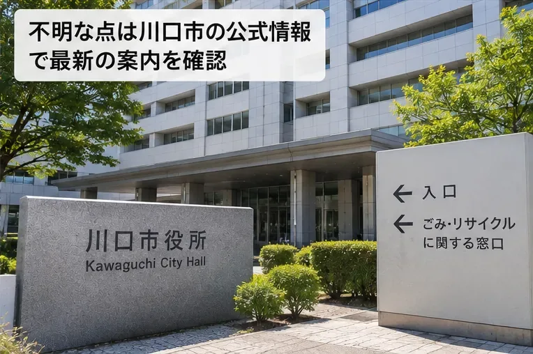 川口市役所を示す案内表示と、ごみ・リサイクルに関する窓口の方向表示が見える市役所入口付近