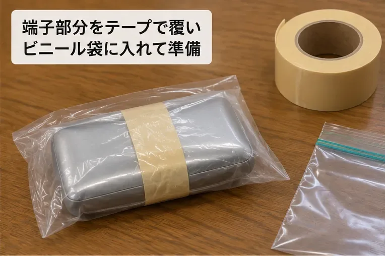 膨らんだモバイルバッテリーの端子付近をテープで覆い、透明袋に入れている様子