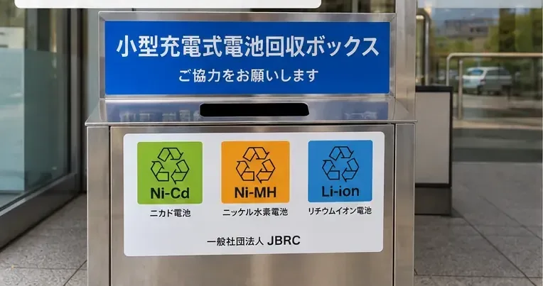 ニカド、ニッケル水素、リチウムイオン電池の表示がある小型充電式電池回収ボックス