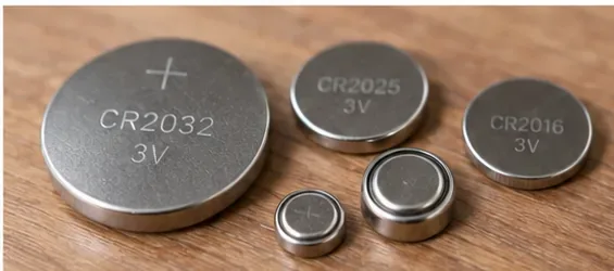 木製の机の上にCR2032、CR2025、CR2016などの平たいコイン形電池と、より小さい丸形電池が並んでいる様子