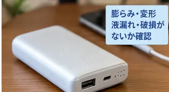 白いモバイルバッテリーを机の上で外観確認している様子で、膨らみや変形、液漏れ、破損がないか確認する表示がある