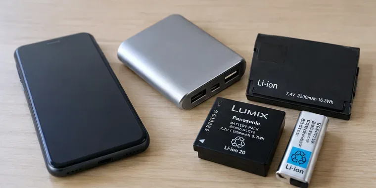 スマートフォン、モバイルバッテリー、カメラ用など複数のリチウムイオン電池・電池内蔵製品が机上に並んでいる様子