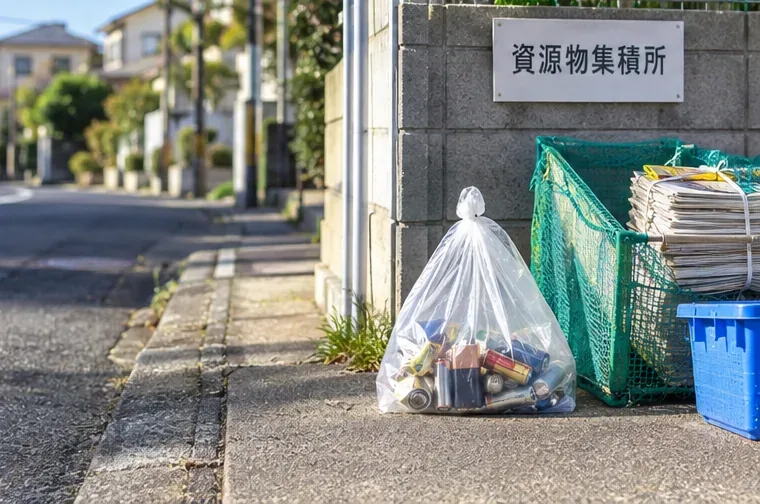住宅街の資源物集積所に透明袋へ入れた使用済み乾電池を出している様子