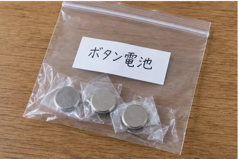 絶縁した複数の小型電池を透明な袋にまとめて保管している様子