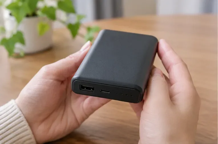 黒いモバイルバッテリーの外観とUSB端子を手で確認している様子