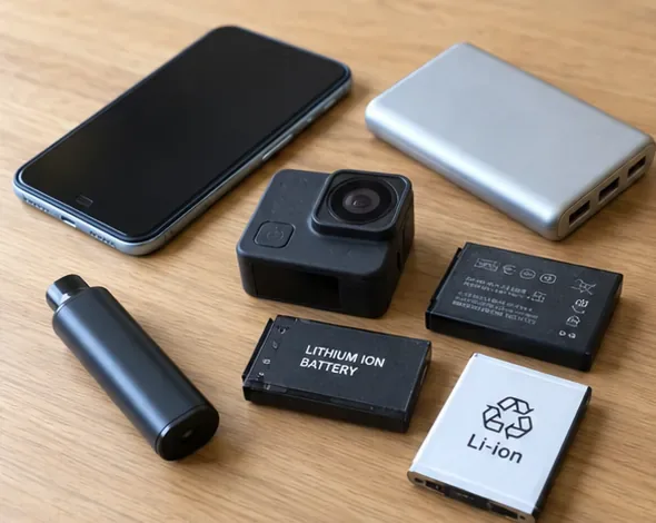 スマートフォン、モバイルバッテリー、カメラ用電池などリチウムイオン電池を使う製品の例