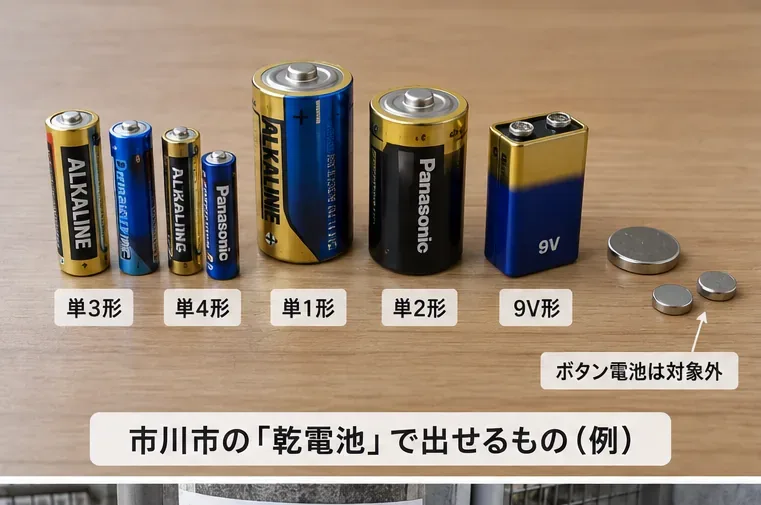 単1形から単4形や9V形まで形状の異なる家庭用電池を机上で確認している様子