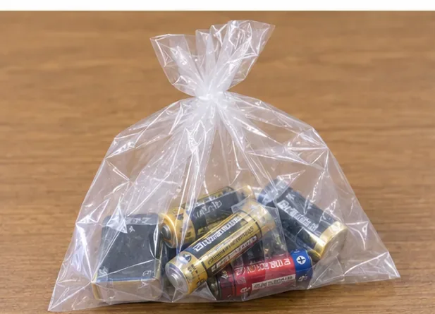 使用済みの乾電池が中身を確認できる透明な袋にまとめられている様子