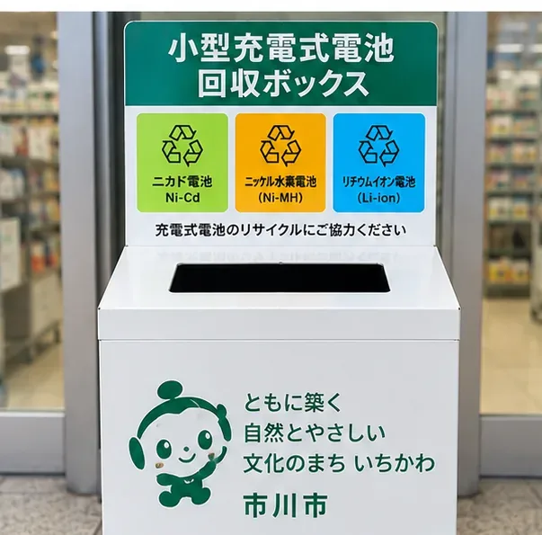 ニカド電池、ニッケル水素電池、リチウムイオン電池の表示がある小型充電式電池回収ボックス