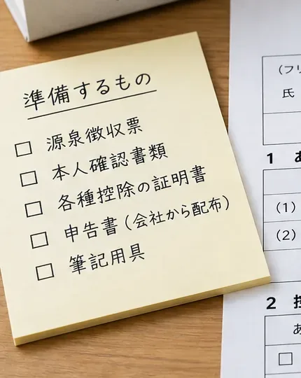 年末調整の記入前に、源泉徴収票や本人確認書類などの準備項目を確認するチェックリスト