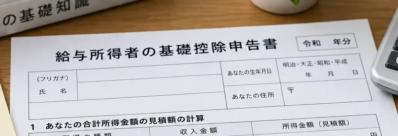基礎控除申告書の氏名、住所、年分などの基本欄を確認する場面
