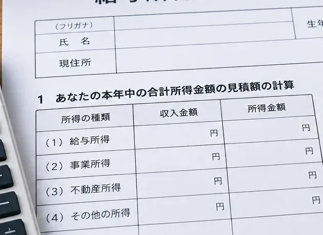 給与収入と給与所得を分けて記入するため、所得の種類と収入金額の欄を確認する場面