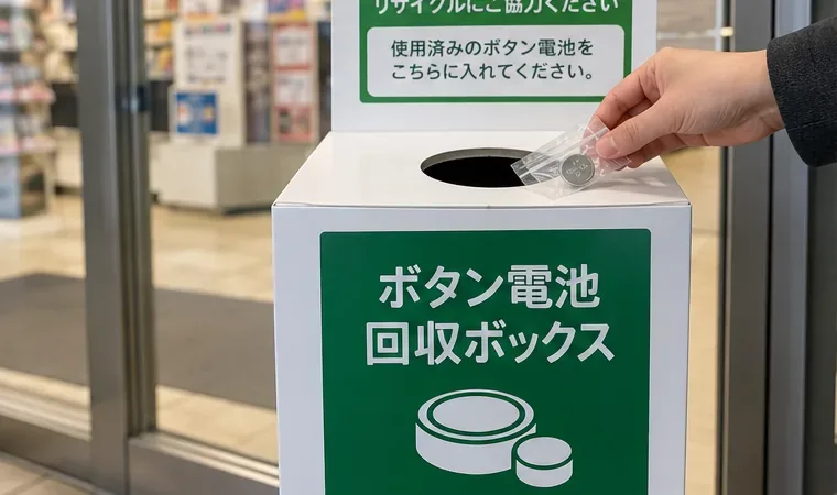 店舗に設置されたボタン電池回収ボックスへ使用済み電池を入れる様子