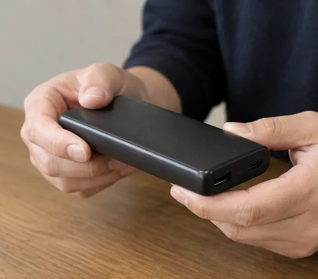 黒いモバイルバッテリーの外装と充電端子を手で確認している様子