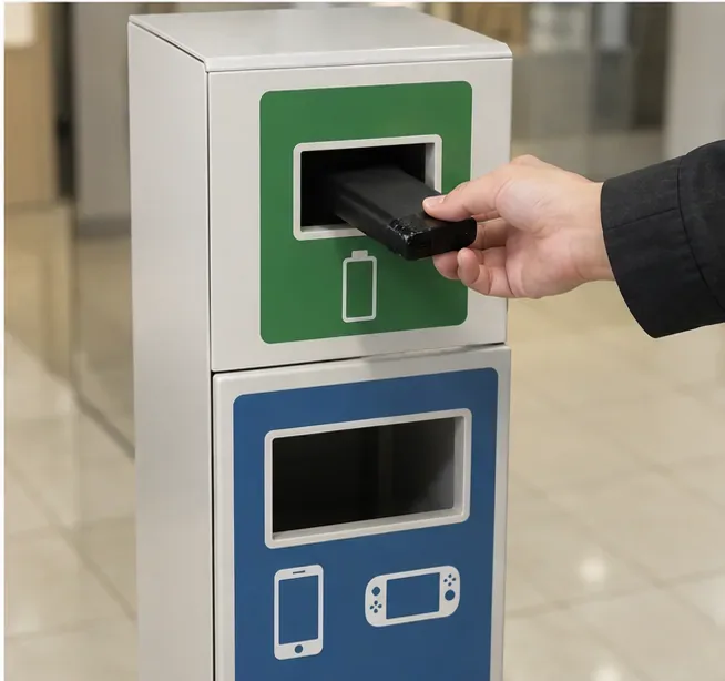 端子を絶縁したモバイルバッテリーを袋に入れず、充電池用の回収口へ手で投入している様子