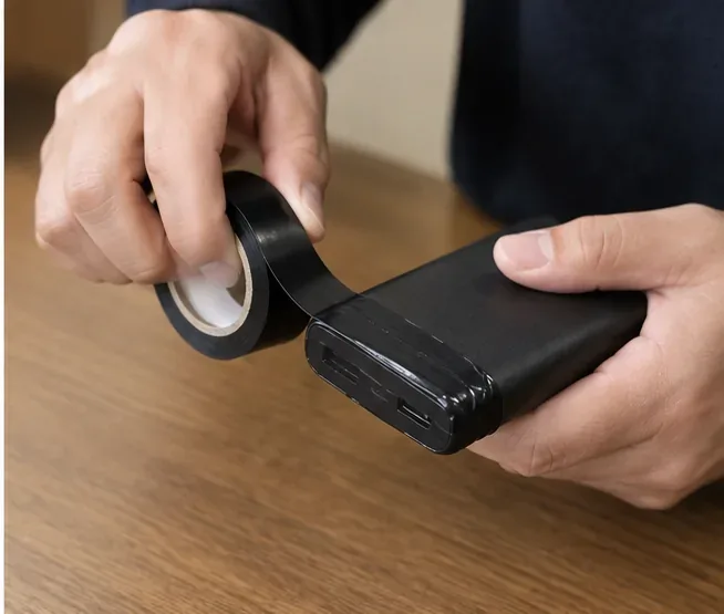 モバイルバッテリーの端子部分を黒い絶縁テープで覆っている手元