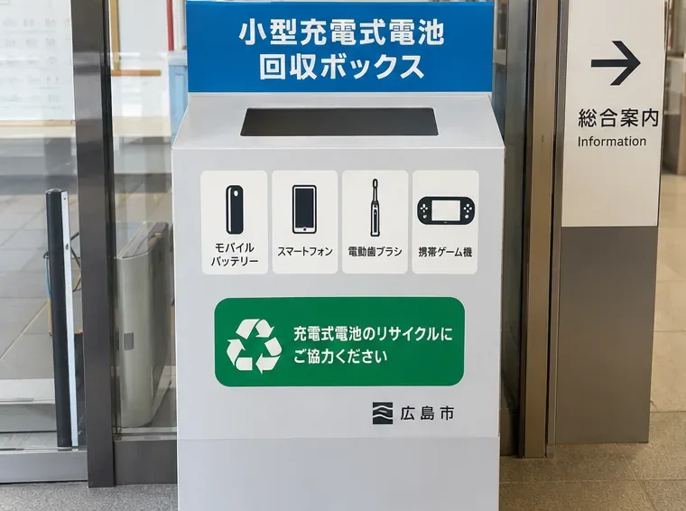 市の施設内に置かれた小型充電式電池回収ボックスと、モバイルバッテリーなどの対象品を示す表示
