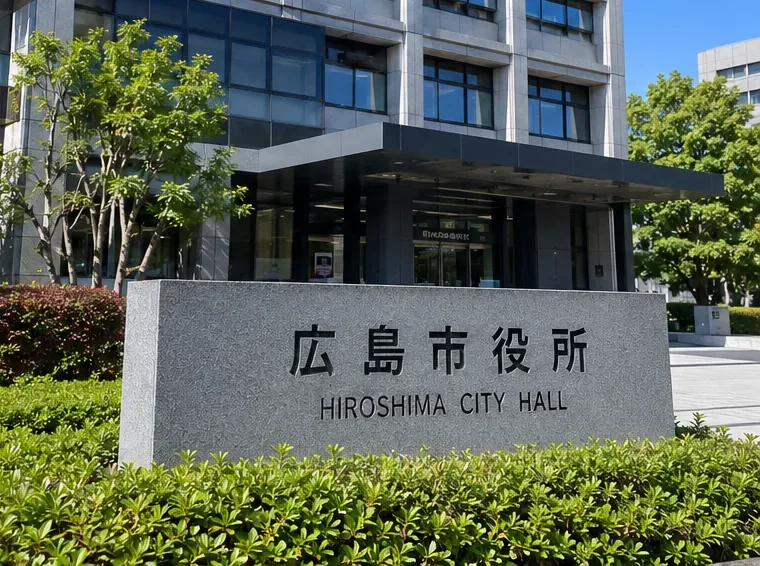 「広島市役所」と表示された行政施設の外観を示す場面