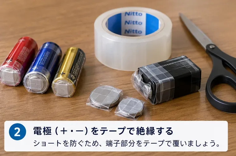 乾電池と9V電池、ボタン電池の端子部分を透明テープで覆って絶縁した状態
