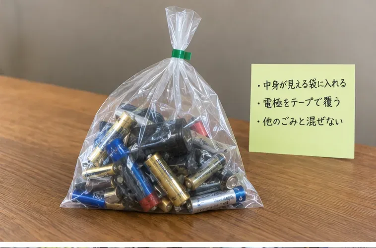 使用済み乾電池を中身が見えるポリ袋にまとめ、分別前に机の上で確認している様子