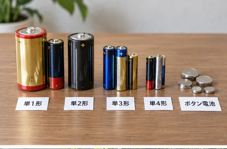 単1形から単4形までの乾電池とボタン電池を机の上で種類別に並べた様子
