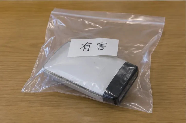 端子を黒いテープで絶縁した膨らんだモバイルバッテリーを透明な袋に入れ、「有害」と表示した状態