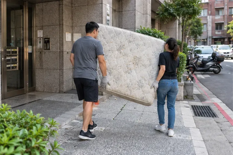 兩名住戶把雙人床墊從公寓大樓搬到約定的戶外位置