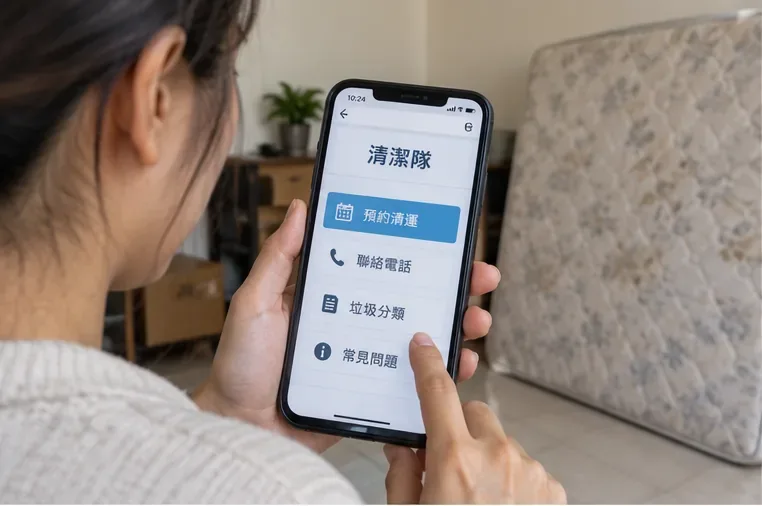 住戶在床墊旁用手機查詢清潔隊與大型垃圾預約資訊
