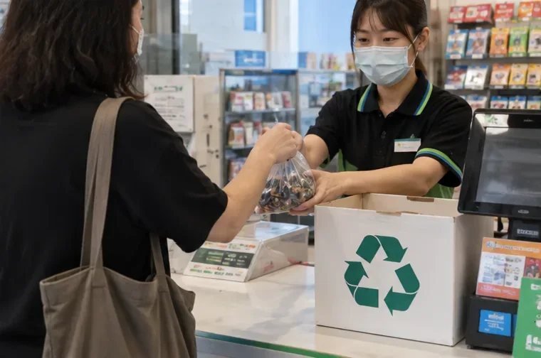 顧客在商店櫃檯將一袋廢乾電池交給店員，旁邊放有資源回收標誌的回收箱