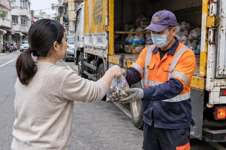 民眾在街邊將裝有已整理廢電池的透明袋交給資源回收車工作人員