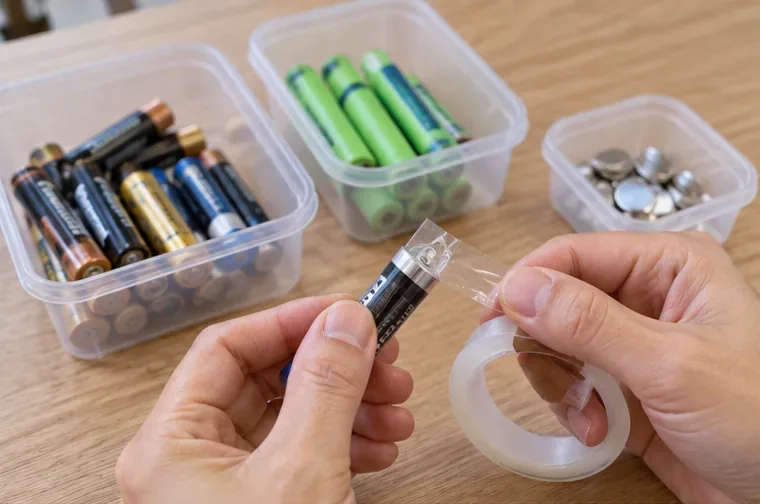 雙手以透明絕緣膠帶覆蓋乾電池電極，後方容器分別放置一般電池、充電電池與鈕扣電池