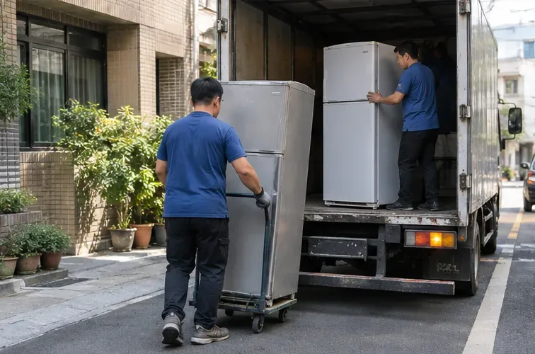 搬運人員以手推車將舊冰箱移向貨車，示意汰舊換新時安排回收搬運